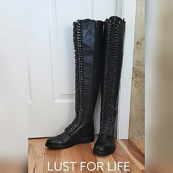 Lust For Life Shoes - Lust For Life black leather 22" high boots 8.5 suede lace pewter chain link New